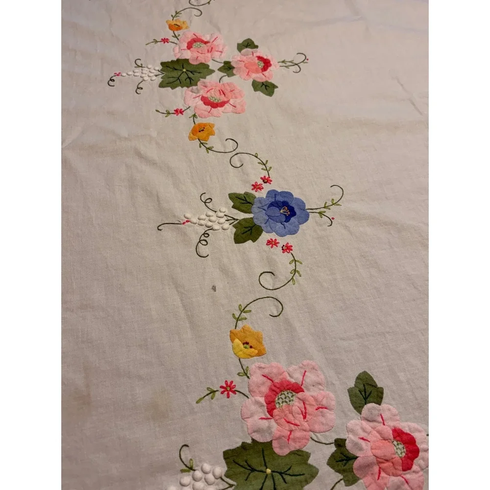 Vintage Embroidered Floral Tablecloth Rectangular 64x110 White Pink 10 Napkins*